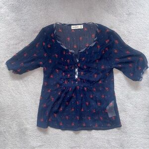 Abercrombie kids navy blue and red floral sheer blouse